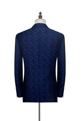 Blue Floral Pattern Tuxedos for Wedding with Black Velvet Peak Collar Prom Suits