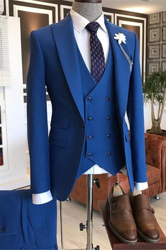 Modern Fashion Blue Peaked Lapel Three-Piece Prince Prom Suits