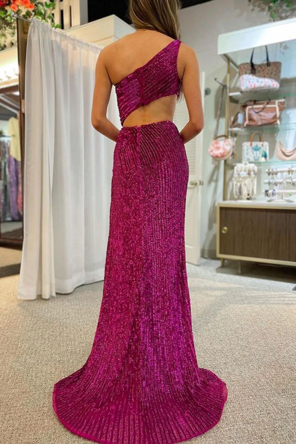 One-Shoulder Fuchsia Prom Dress with Mermaid Cut and Slit