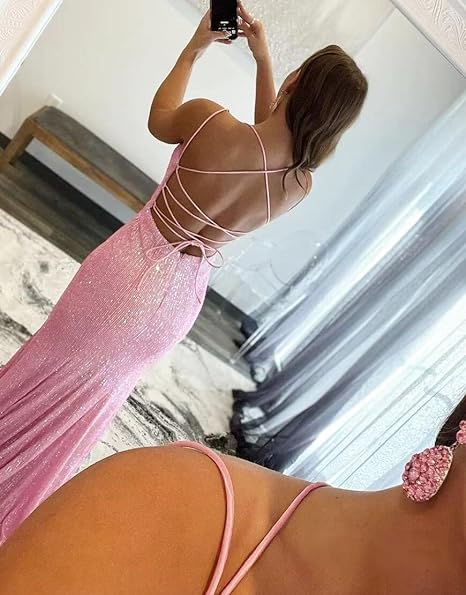 Orange Sequins Long Prom Dress with Mermaid Spaghetti Straps and Front Split
