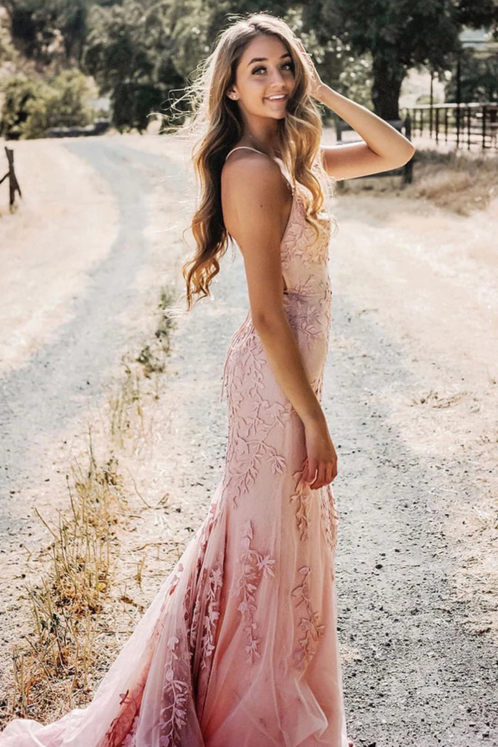 Backless Prom Dress with Blue Spaghetti Straps