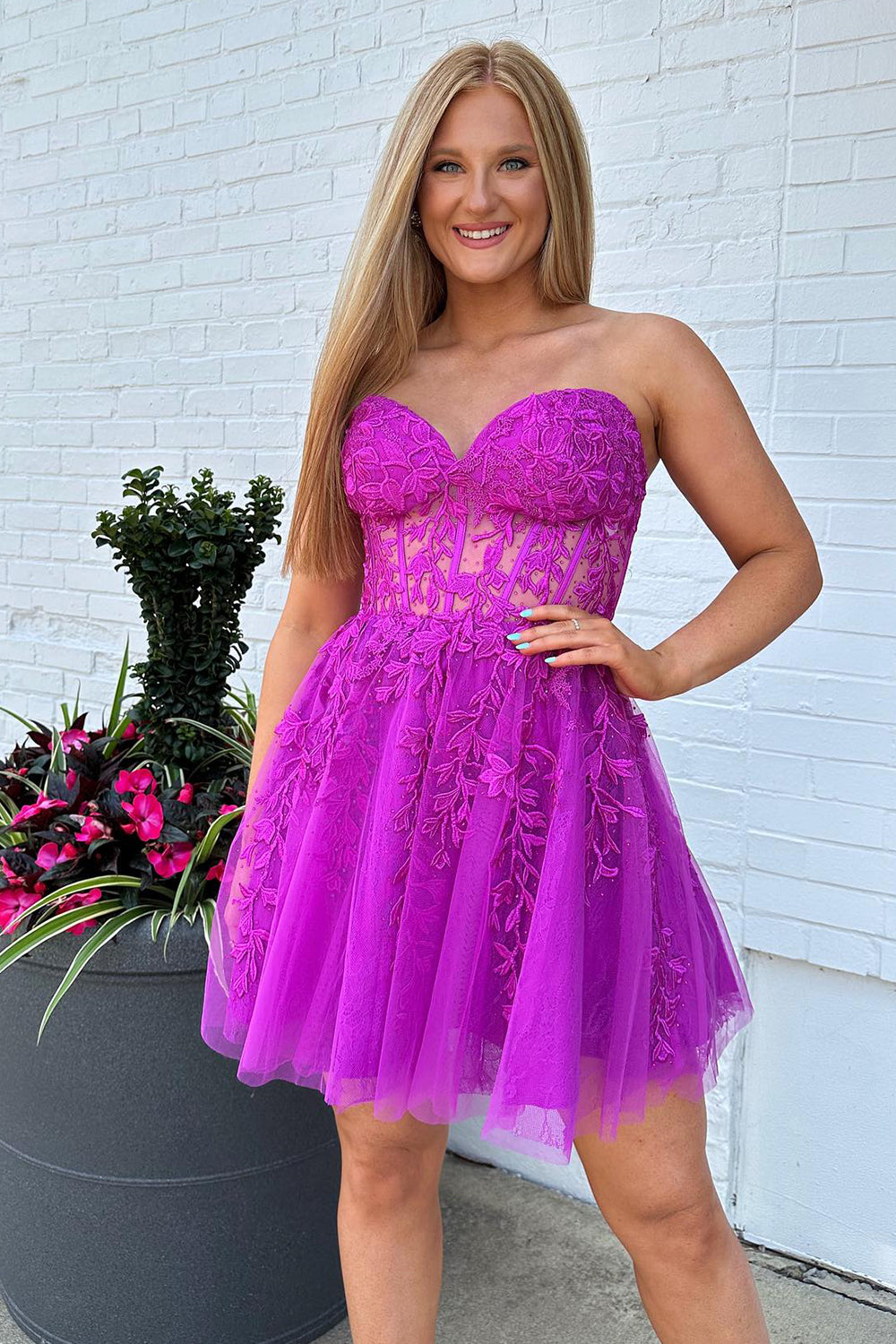Sparkly Fuchsia Corset A-Line Tulle Short Homecoming Dress/Mini Dress with Lace