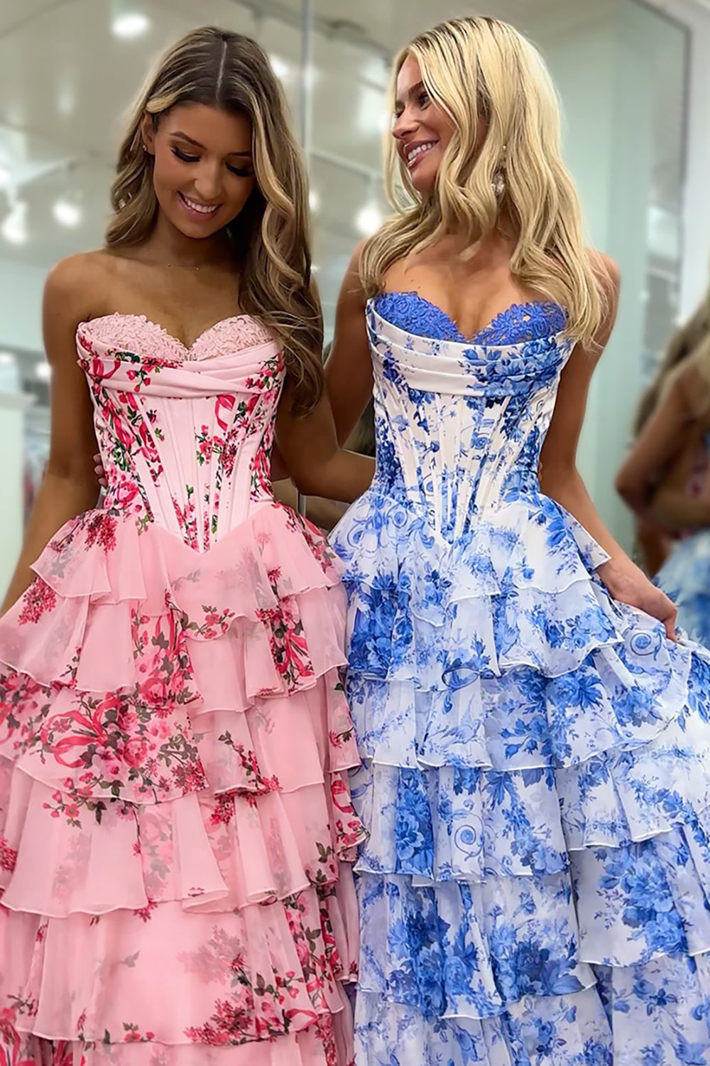Tiered Blush Chiffon Corset Prom Dress with Floral A-Line and Slit