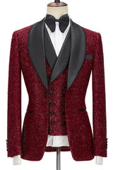 Sparkle Red Three-Piece Wedding Suits with Black Shawl Lapel