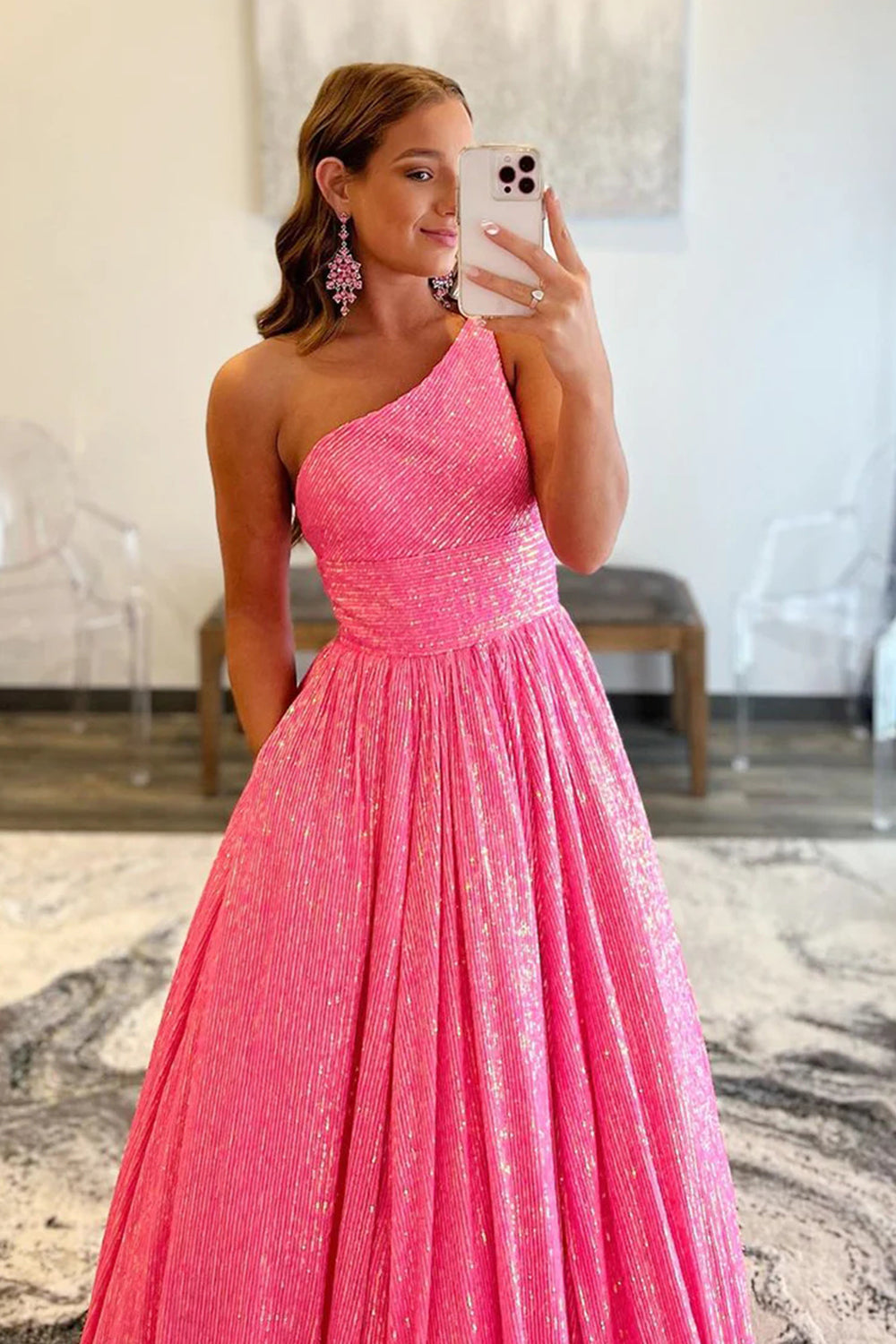 Pink Sparkling One-Shoulder A-Line Sequin Prom Gown