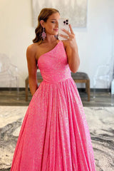 Pink Sparkling One-Shoulder A-Line Sequin Prom Gown