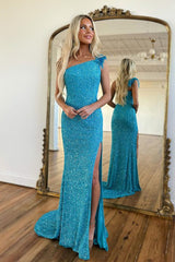 Blue Sequined Long Prom Dress with One Shoulder and Front Split in Mermaid Style