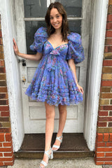 Dark Blue Puff Sleeves A-Line Floral Short Homecoming Dress/Mini Dress with Ruffles
