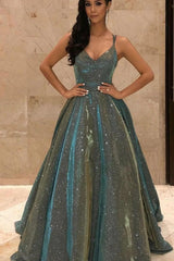 Dark Green Long Prom Dress with Bling A Line Spaghetti Straps