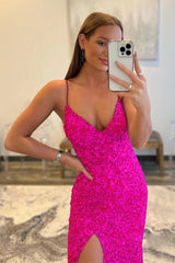 Prom Dress with Slit in Hot Pink Sequins and Glitter