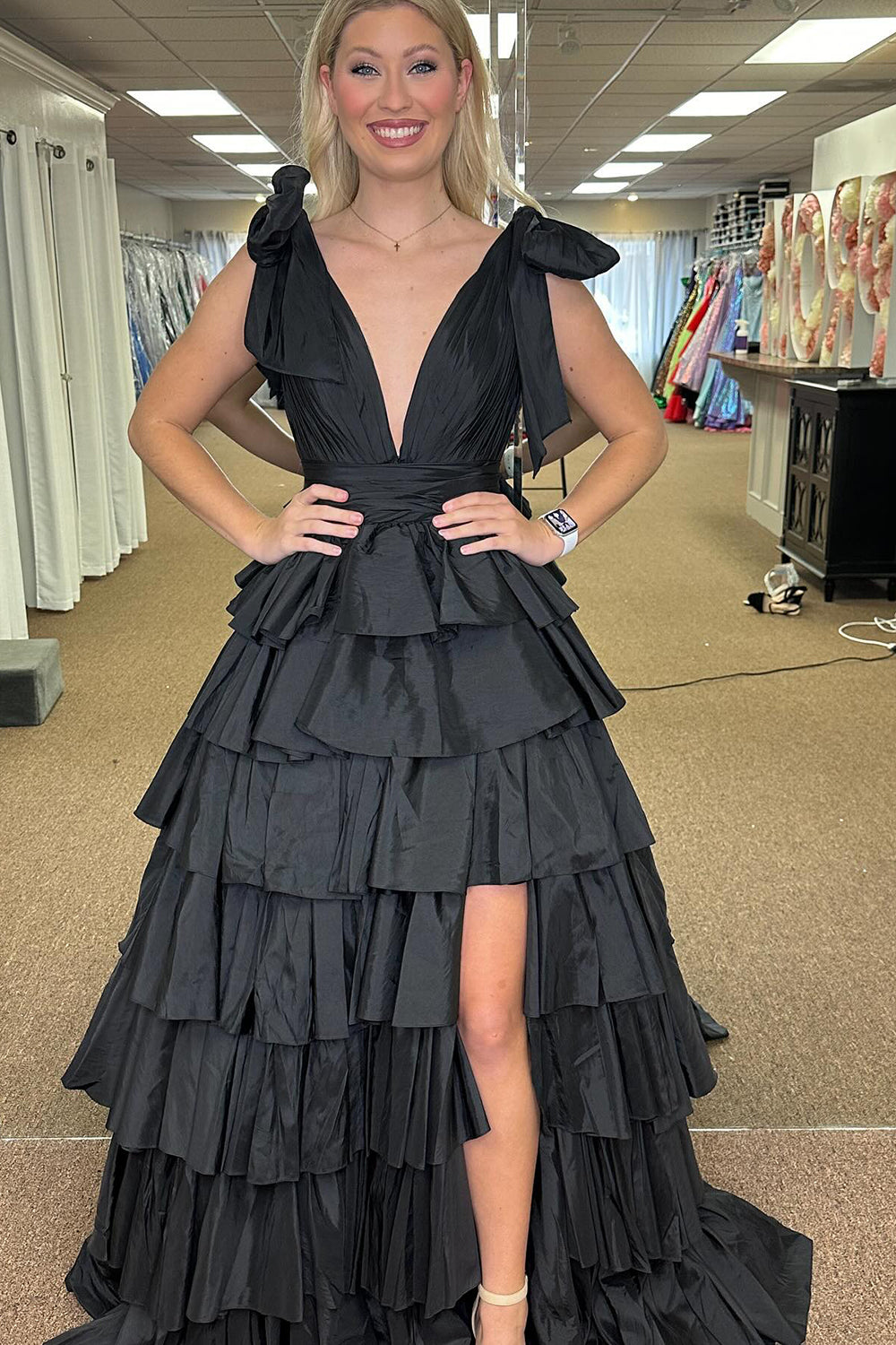 Pink Ruffled Prom Dress with Deep V Neckline in A-Line Style