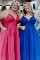 Royal Blue Plus Size A-Line Prom Dress with Spaghetti Straps and Appliques