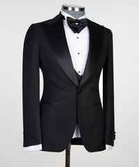 Edmund New Arrival Black Satin Peaked Lapel Men's Suits with Three-Piece