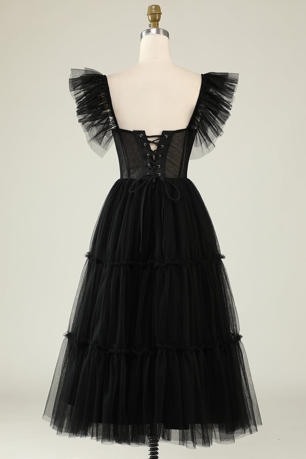 Black A-Line Corset Ruffled Tulle Homecoming Dress/Mini Dress