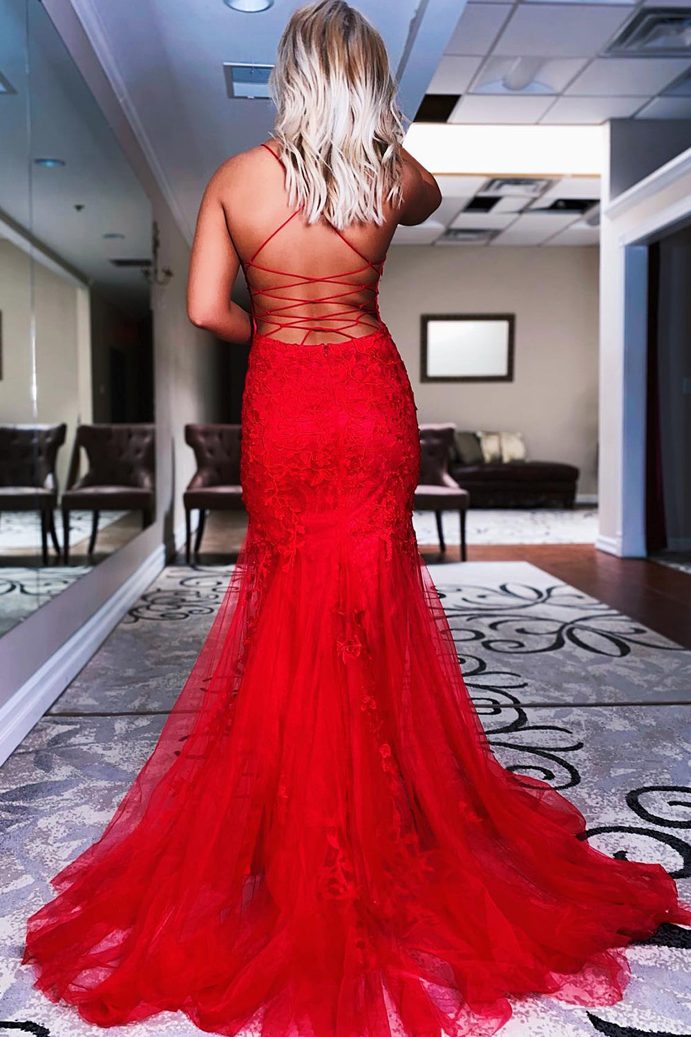 Long Blue Prom Dress with Mermaid Spaghetti Straps and Backless Design