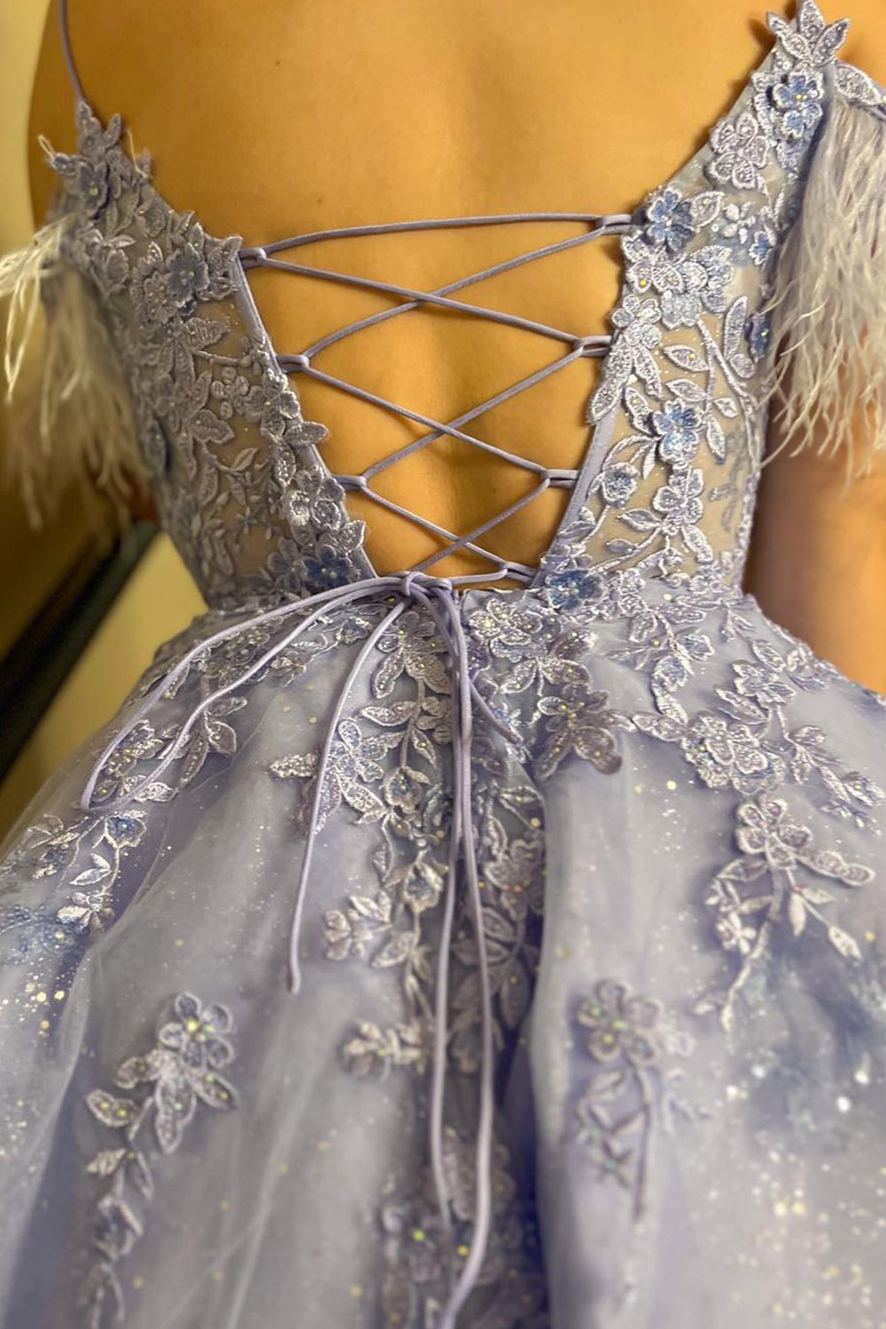Sparkly Lavender Corset A-Line Lace Short Homecoming Dress/Mini Dress With Feathered Detachable Sleeves