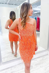 Sparkly Orange One Shoulder Sequins Tight Homecoming Dress/Mini Dress with Feathers