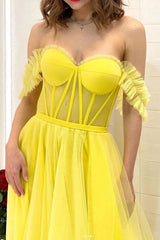 Yellow Off-the-Shoulder Corset Prom Dress with A-Line Silhouette