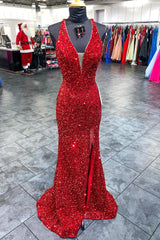 Red Sequined Mermaid Prom Dress with Deep V Neck and Open Back