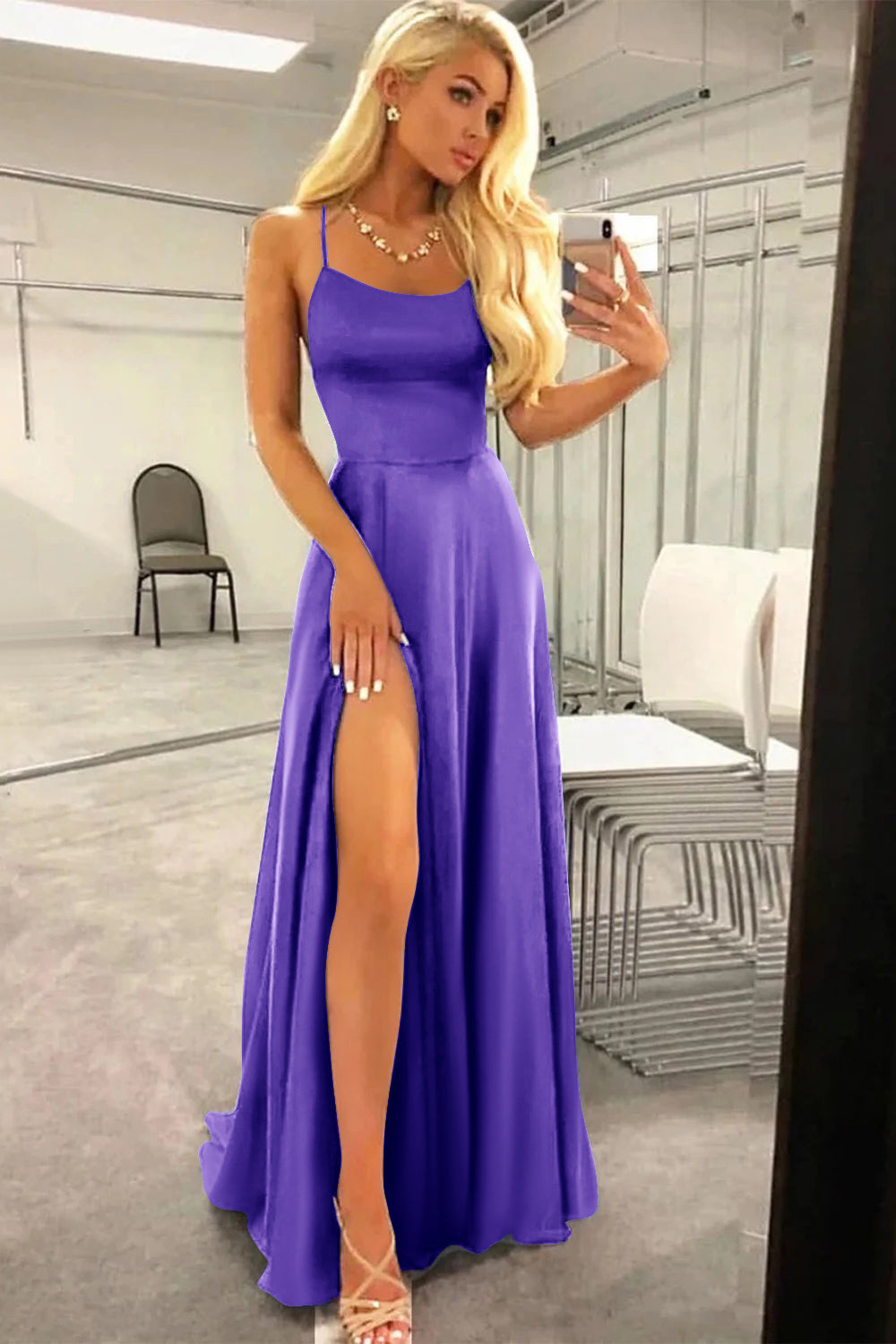 A Line Prom Dress in Royal Blue with Halter and Backless Design