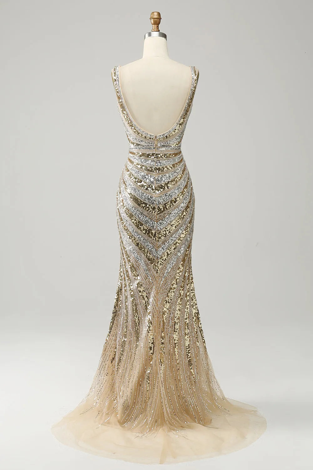 Golden Sparkle Mermaid Prom Dress with Deep V-Neck and Sequins
