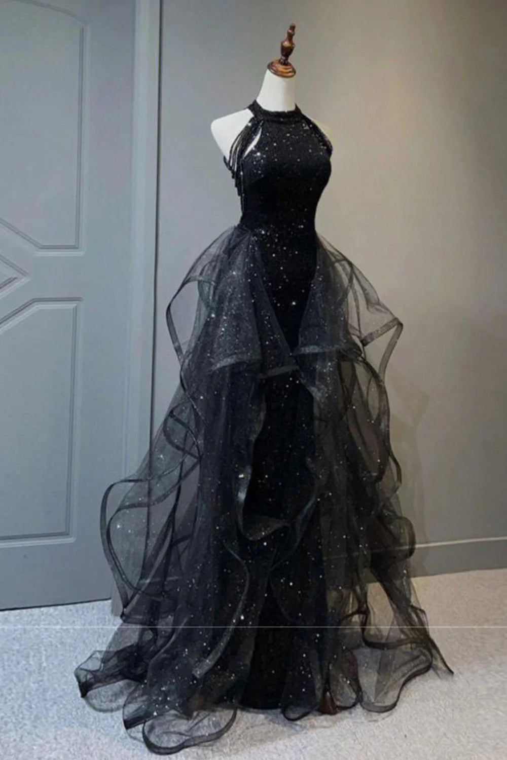 Black Tulle Long Prom Dress with Ruffles in a Halter Neck A-Line Style
