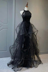 Black Tulle Long Prom Dress with Ruffles in a Halter Neck A-Line Style