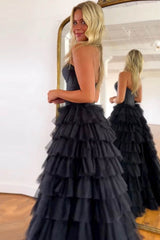 Elegant Black A-Line Prom Corset Dress Featuring Sweetheart Neckline and Ruffled Slit