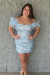 Sparkly Lilac Sequins Tight Short Homecoming Dress/Mini Dress with Feathers