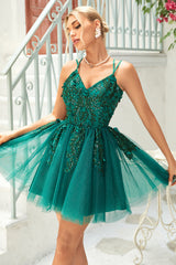 A Line Spaghetti Straps Dark Green Short Homecoming Dress/Mini Dress with Appliques Beading