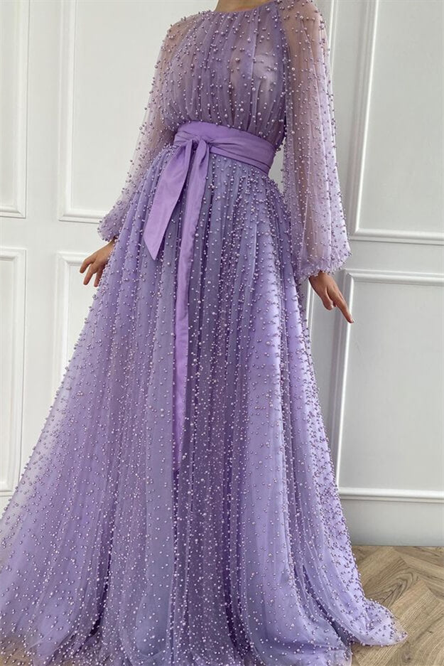 Lilac Mermaid Beadings Jewel Evening Dress With Belt Pearls