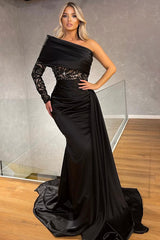 Sexy Black One Shoulder Long Sleeve Mermaid Evening Dress Long Sequins With Ruffles