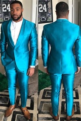 Fashion Sparkly Blue One-Button Reception Suit for Groom with Shawl Lapel