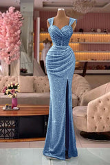 Classic Mermaid Sequins Sweetheart Split Straps Evening Dress With Pleated