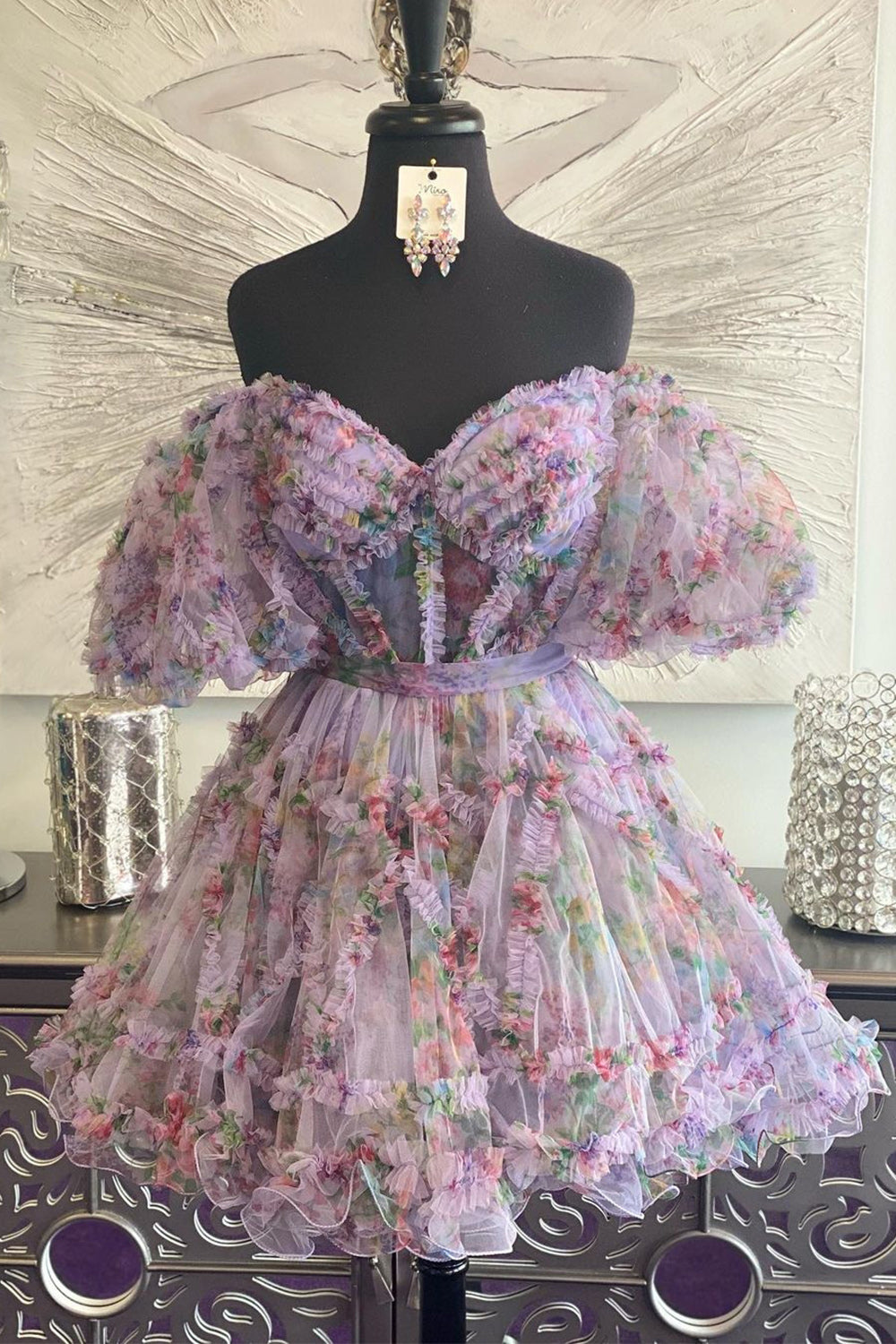 Ivory Floral A-Line Short Homecoming Dress/Mini Dress