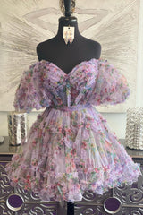 Ivory Floral A-Line Short Homecoming Dress/Mini Dress