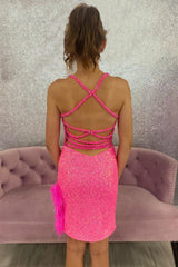 Sparkly Fuchsia Feathered Open Back Tight Short Homecoming Dress/Mini Dress