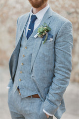 Latest Summer Blue Linen Beach Notched Lapel Wedding Suit