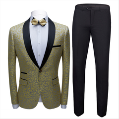 Gentle One-Button Wedding Suit with Jacquard Black Shawl Lapel