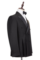 Classic Satin Double-Breasted Peak Lapel Black Men's Wedding Suit Groom Tuxedos