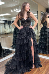Black Off-the-Shoulder Corset Prom Dress with Lace A-Line Ruffles
