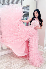Long Black Prom Dress with One Shoulder Corset and Tiered Ruffles