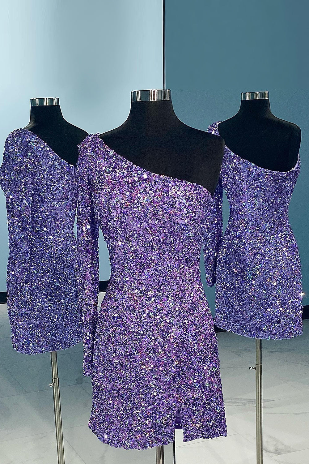 Blue Sequins Homecoming Dress/Mini Dress with Sleeves