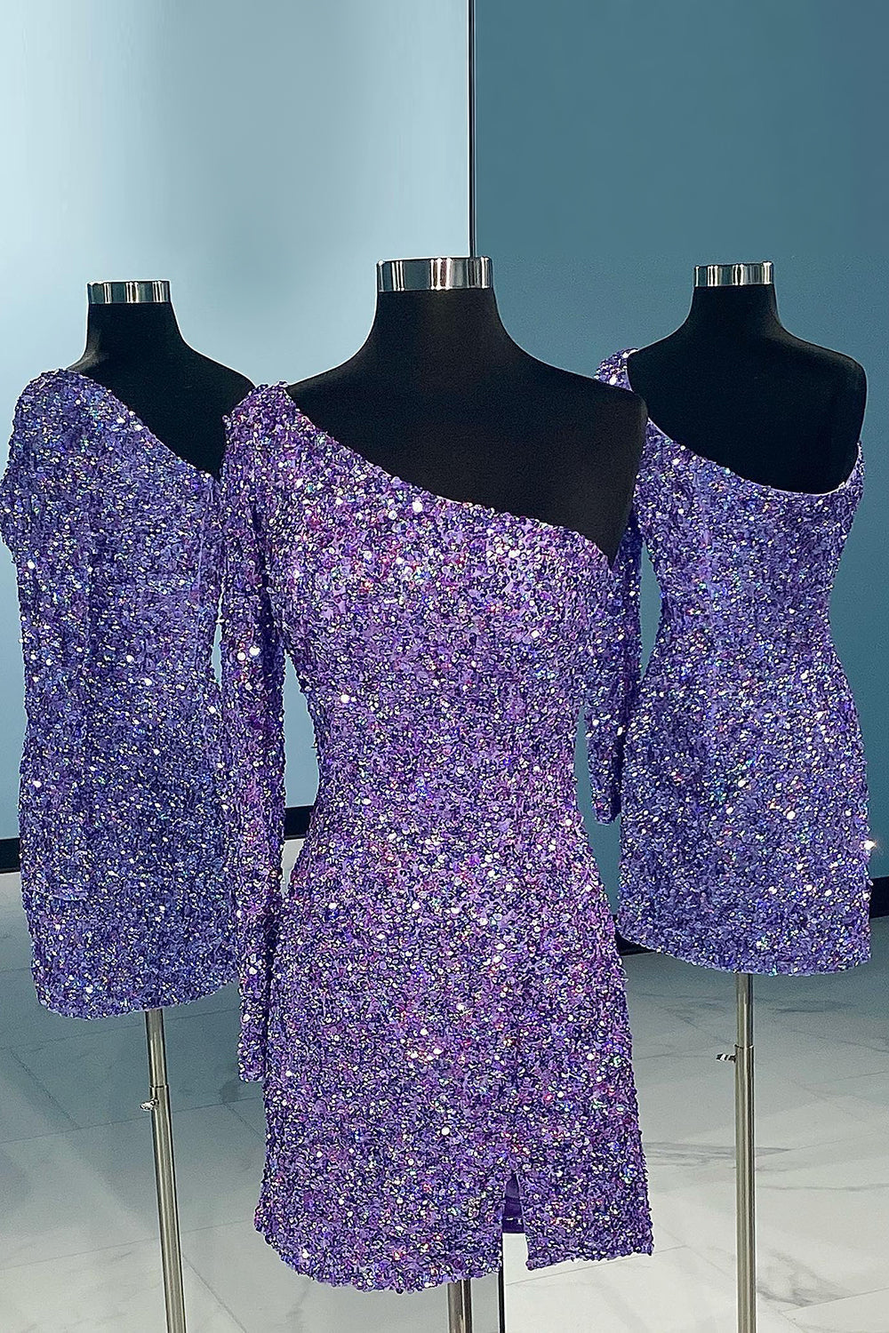 Pink One Shoulder One Sleeve Sequins Tight Short Homecoming Dress/Mini Dress