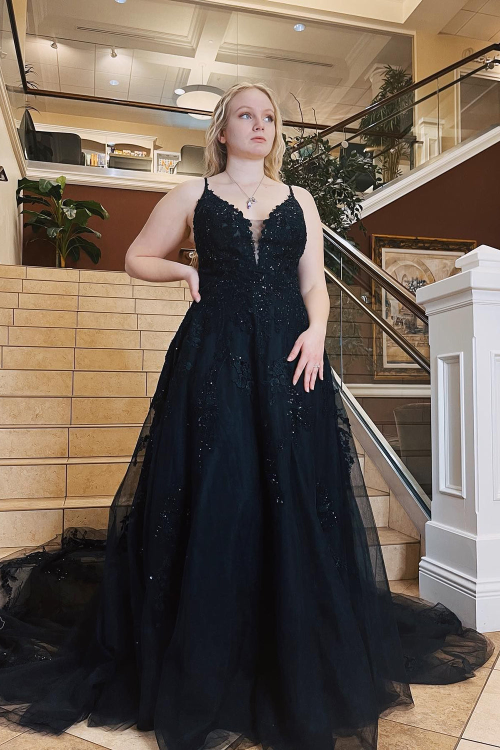 A-Line Prom Dress with Black Spaghetti Straps and Appliques