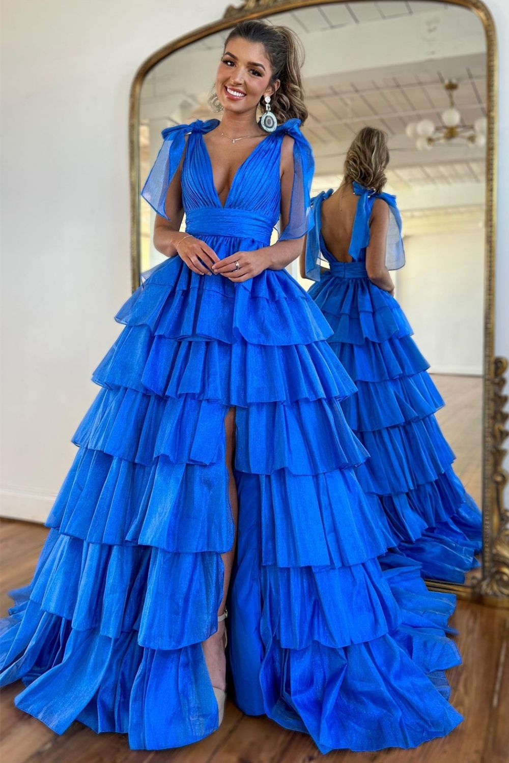 Pink Ruffled Prom Dress with Deep V Neckline in A-Line Style