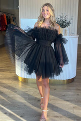 A-Line Blue Tulle Short Homecoming Dress/Mini Dress with Detachable Long Sleeves