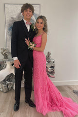 Prom Dress with Fuchsia Spaghetti Straps and Appliques