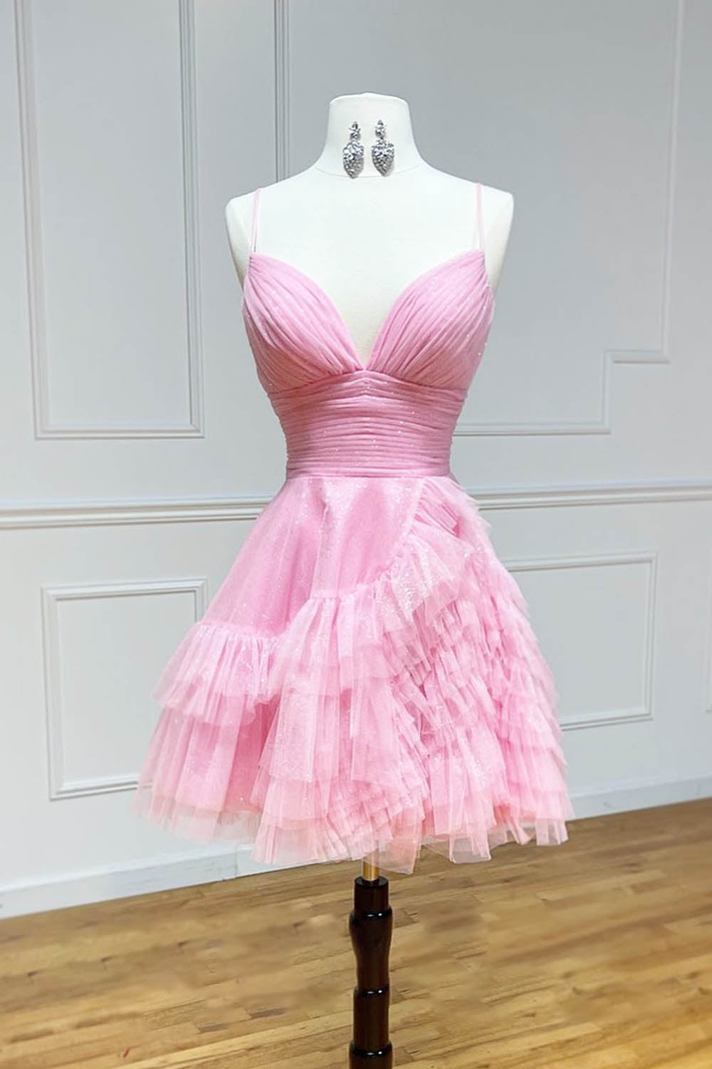 Glitter Pink Tulle A-Line Short Ruffled Homecoming Dress/Mini Dress