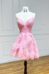 Glitter Pink Tulle A-Line Short Ruffled Homecoming Dress/Mini Dress